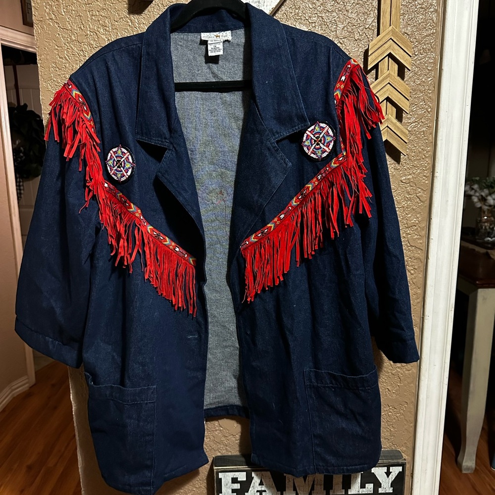 Vintage Hunters Run Women’s Denim Jacket Red Fringe Thunderbird  Size 1X